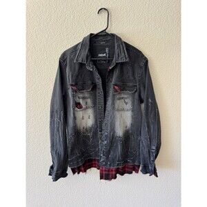 PREME Men’s Distressed Black Denim Flannel Layered Streetwear Jacket Size M